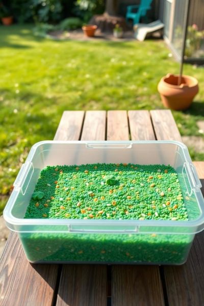 A plastic container of green rice and beads ready for creative activities.