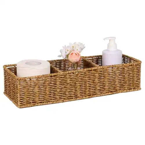 UPINFREE Waterproof Storage Basket for Bathroom: Tan 3 Large Compartments Wicker Basket Organizing Paper Rolls over Tank 1pack