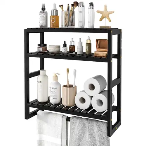 Galood Bathroom Shelves Wall Mounted Over The Toilet Storage Cabinet Adjustable 3 Tiers Towel Rack Corner Floating Shelf with Hanging Rod Black