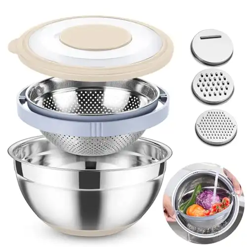 TeamFar Colander with Mixing Bowl Set, 4-1 Stainless Steel Salad Bowl Strainer with Airtight Lid & 3 Grater Attachments, For Filtering/Prepping, Healthy & Faster Drainage Khaki