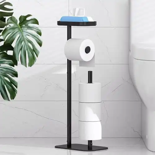 Kitsure Toilet Paper Holder Free Standing - Multifunctional & Rustless Toilet Paper Holder Stand for 4 Rolls, Anti-Slip Black Toilet Paper Holder with Shelf for Phones, Small Items, Black