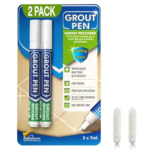 Grout Pen White Tile Grout Paint Marker: Waterproof Tile Grout Colorant and Sealer Pens for Cleaner Looking Floors & Whitener Without Bleach - Narrow 5mm, 2 Pack with Extra Tips (7mL) - White