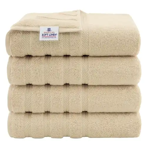 American Soft Linen Luxury 4 Piece Bath Towel Set, 100% Cotton Turkish Bath Towels for Bathroom, 27x54 in Extra Large Bathroom Shower Towels, Beige Bath Towels