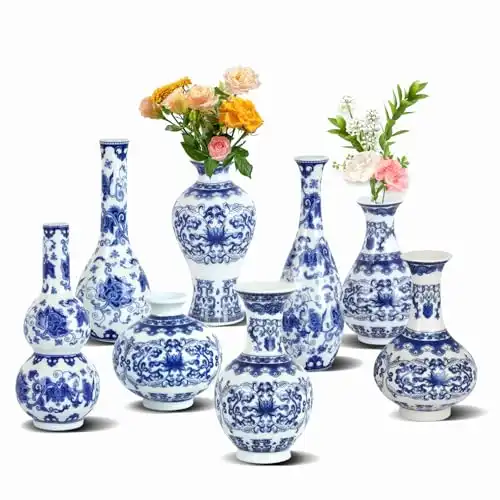 Set of 8 Chinoiserie Vase Blue and White Vases