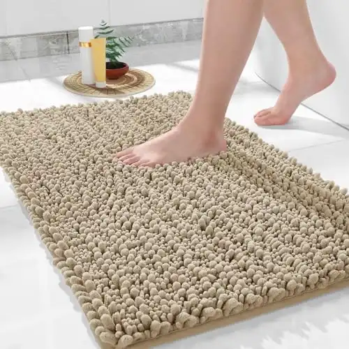 Yimobra Bathroom Rug Mat 24 x 17, Extra Soft Non Slip Absorbent Water Bath Rug, Quick Dry Machine Washable Chenille Shaggy Shower Mat, Bath Mat for Bathroom Floor, Home Decor Accessories, Pale Khaki