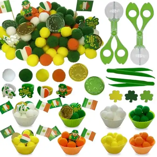 254 Pcs St. Patricks Day Sensory Bin Filler Fine Motor Toys Green Sensory Bin Items 120 Pompoms 80 Lucky Shamrocks Foam 30 Lucky Coins 6 Rings 6 Luck Pennants St. Patrick's Decor for Counting Sor...