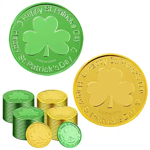 SpinLaLa St. Patrick's Day Gold Coins - 100 Pieces Gold Green Lucky Coins Plastic Shamrock Leprechaun Coins, 3-Leaf Clover Coin for Party Decoration Favors