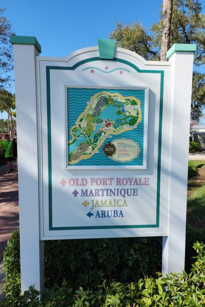 Sign showing the map of a tropical resort area.