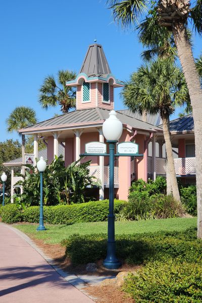 Bright sunshine highlights the quaint architecture in this tropical setting.