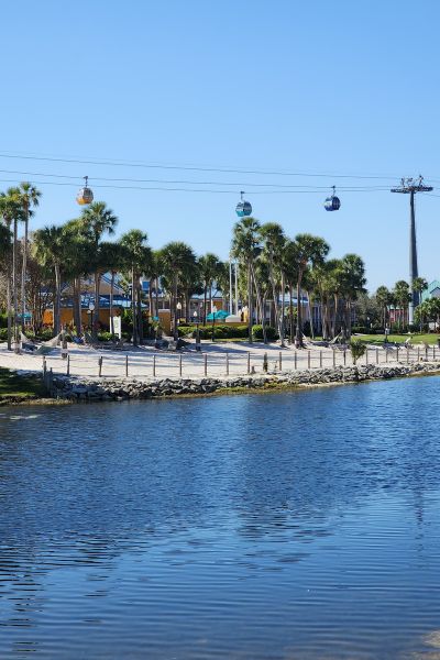 A sunny view of palm trees lining a sandy beach by the water.