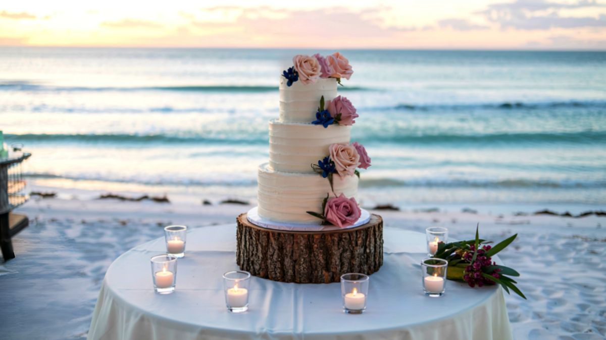 Wedding cake on the beach at sunset