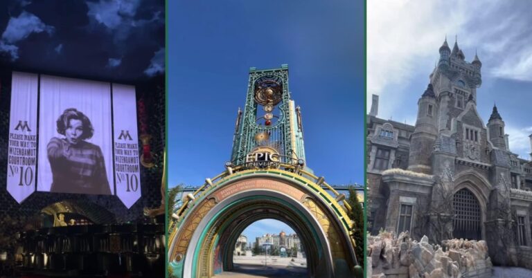 A night scene with a magical projection of a woman pointing, above signs directing to a wizard courtroom.