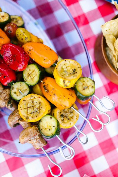 Bright, tasty veggies stacked on skewers, perfect for a summer picnic.