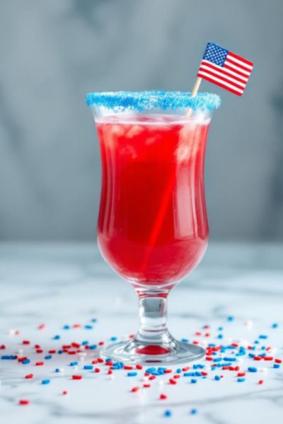 A cool red drink, rimmed with blue sugar, makes the perfect toast for your next 4th of July party.