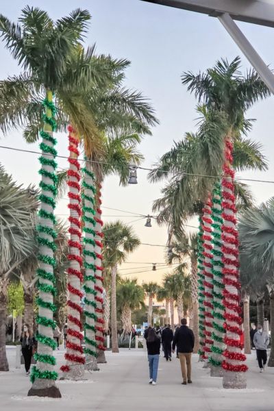 Palm trees wrapped with red and green garlands line a walkway.