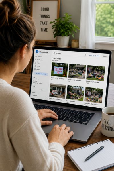 Person searching online yard sale listings on a laptop, showing how free garage sale advertising can help shoppers find local sales through marketplace-style websites.