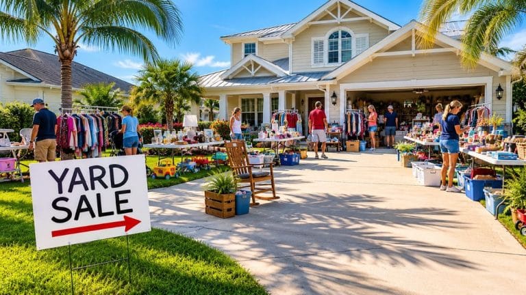 Bright sunny driveway yard sale with a large yard sale sign, palm trees, tables of clothing and household items, and shoppers browsing, showing an example of free garage sale advertising in a southern neighborhood.