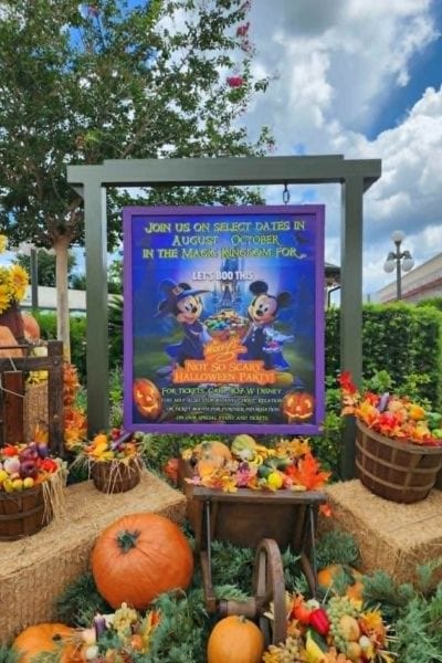 Mickey’s Not-So-Scary Halloween Party sign at Walt Disney World surrounded by pumpkins, hay bales, fall flowers, and Halloween decorations.