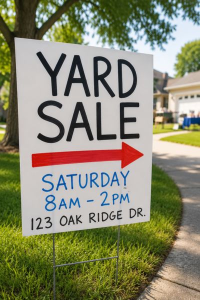 Vertical photo of a handmade yard sale sign on a sunny suburban lawn, showing an example of free garage sale advertising to help local shoppers find a sale.