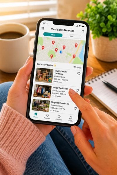 Close-up of a person using a smartphone app to search for local yard sales on a map, showing how free garage sale advertising can help shoppers find nearby sales.