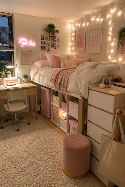 Cozy pink dorm room with a lofted bed, desk, storage ottoman, mini fridge, dresser, and under-bed organizers, showing dorm furniture with storage for maximizing a small college room.