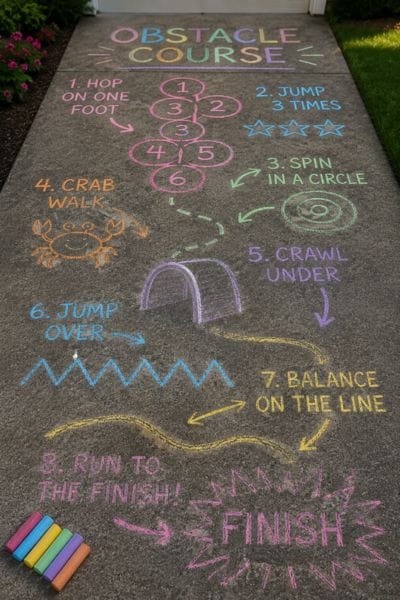 Colorful sidewalk obstacle course on pavement with bright chalk lines, featuring creative sidewalk chalk drawing ideas for screen free summer fun with kids.
