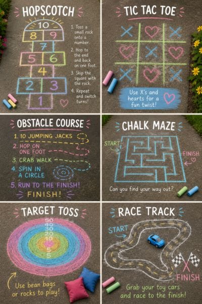 Colorful sidewalk chalk sticks lined up on pavement with bright chalk lines, featuring creative sidewalk chalk drawing ideas for screen free summer fun with kids.