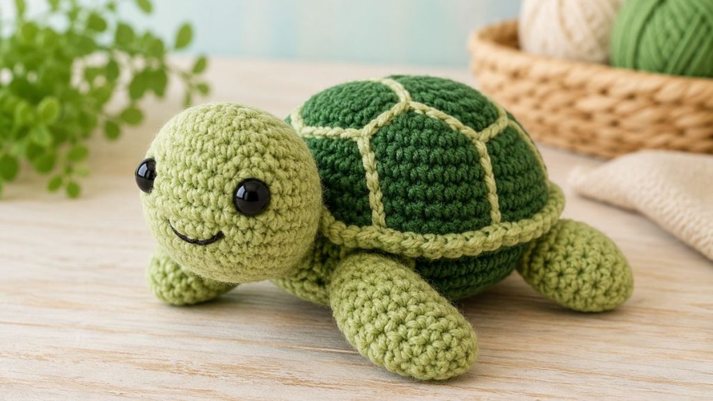 Crocheted turtle craft for kids with a green yarn shell, soft plush body, and craft supplies in the background.